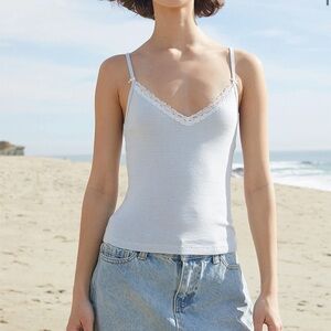 Brandy Melville Blue and White Stripe Lace Tank Top